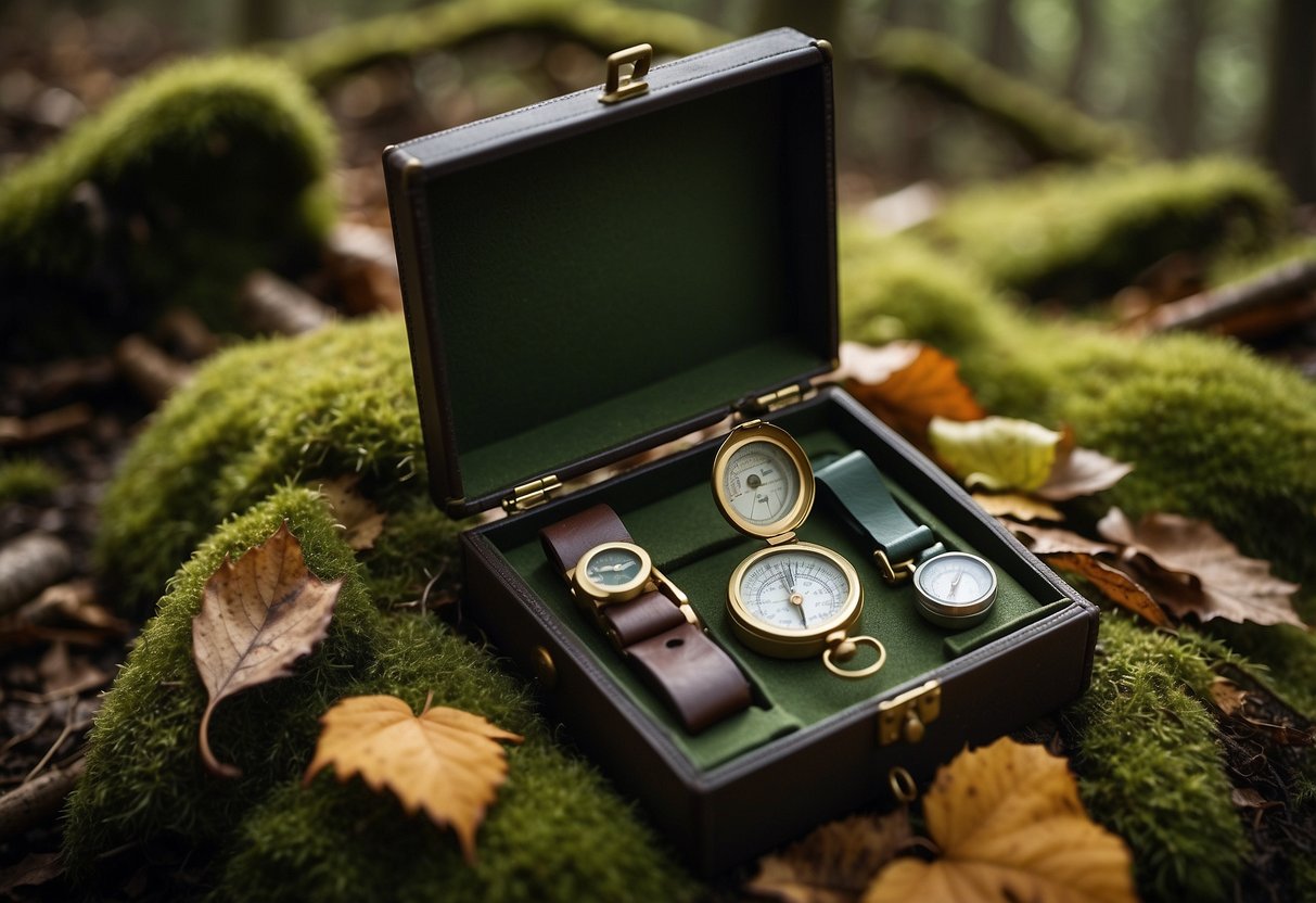 A belt weather kit lies open on a mossy forest floor, surrounded by fallen leaves and twigs. Essential navigation tools, including a compass, map, and whistle, are neatly arranged inside the kit