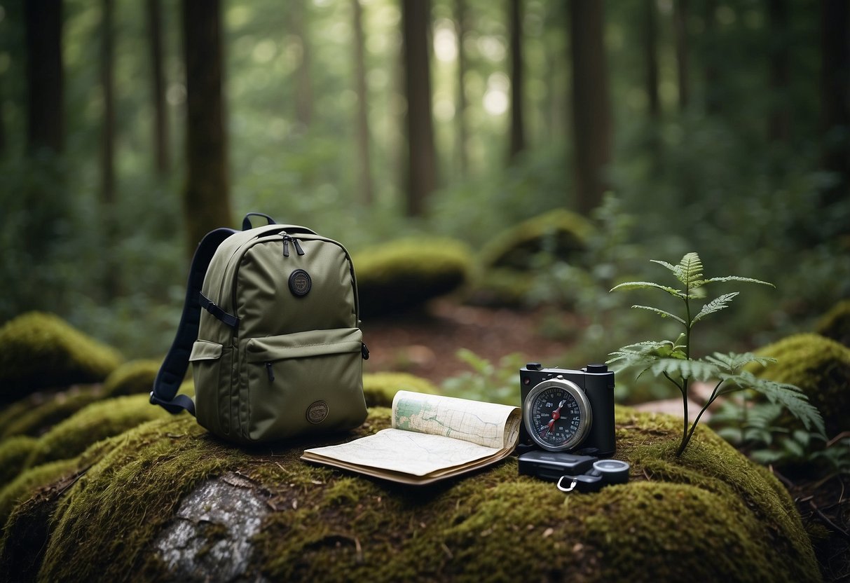 A forest clearing with a backpack, compass, map, and a survival whistle laid out on a flat rock, surrounded by trees and bushes