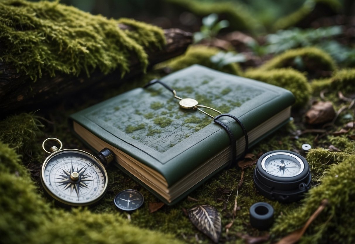 A rugged, weatherproof notebook lies open on a mossy forest floor, surrounded by a compass, map, and other essential navigation tools for bushcraft trips