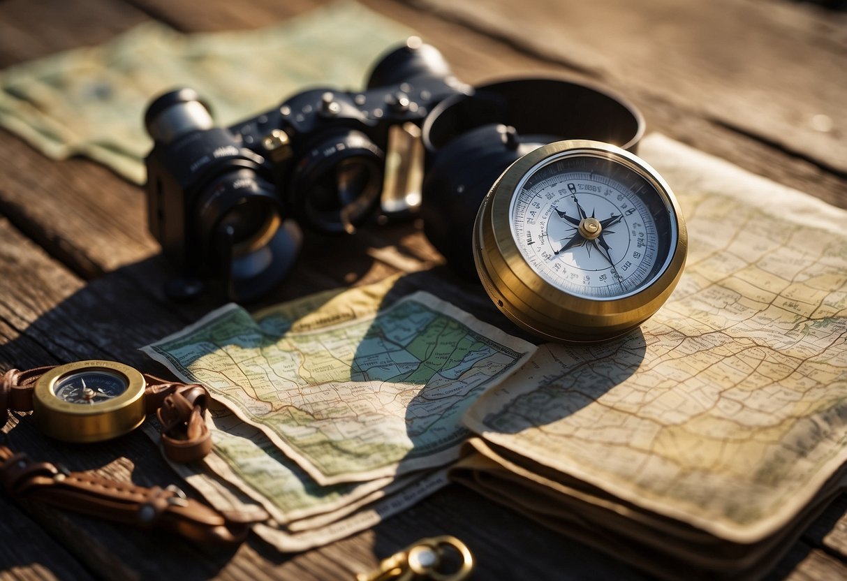 A compass, map, GPS, binoculars, whistle, flashlight, signal mirror, altimeter, watch, and sun compass lay on a weathered wooden table