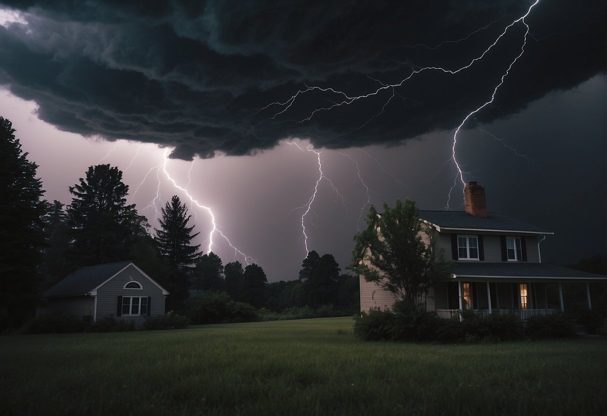 Dark clouds loom overhead as lightning strikes in the distance. Trees sway violently in the wind, while a house is secured with shutters. A radio plays, broadcasting the storm warning