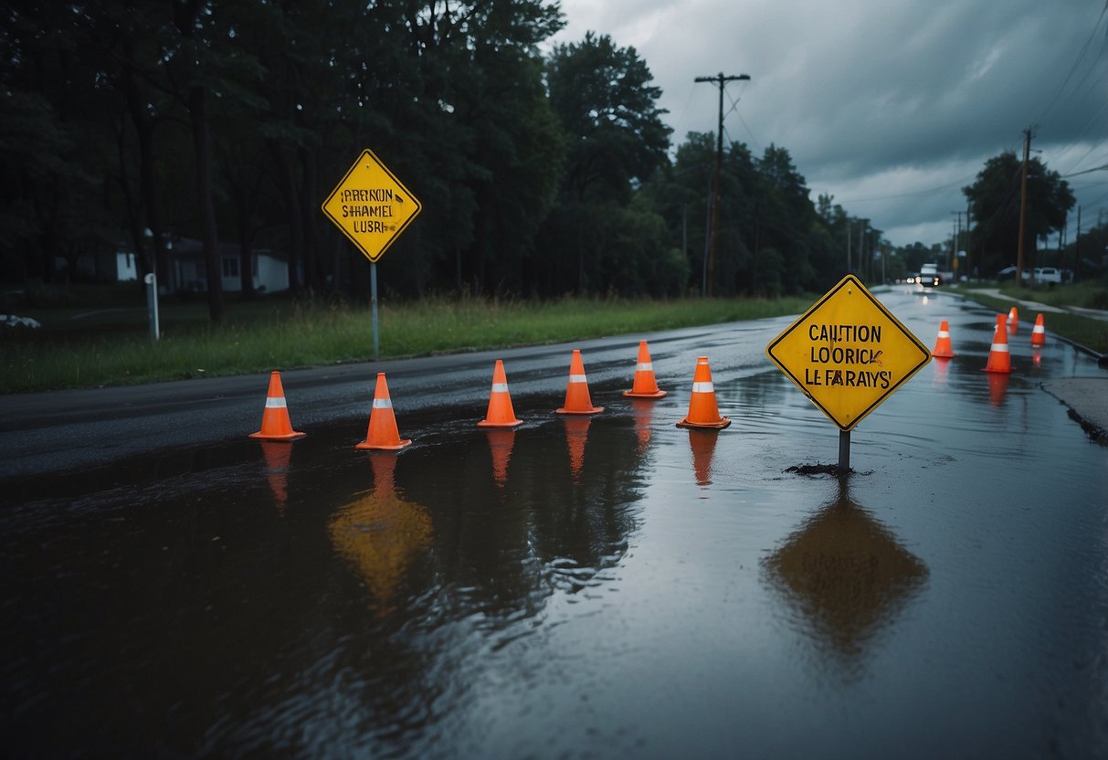 A stormy sky looms over a road with caution signs, puddles, and overflowing drains. A person walks away from the flooded area