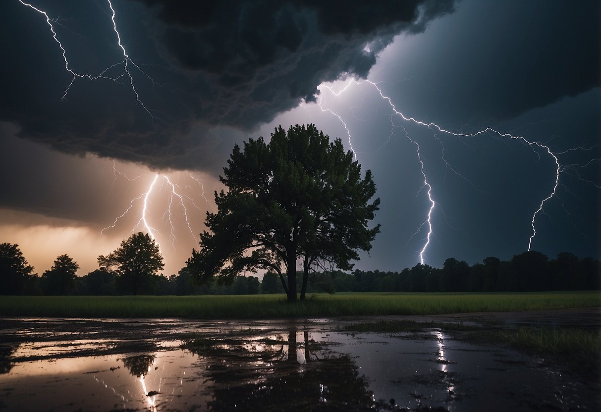 Dark clouds loom overhead as lightning strikes in the distance. Trees sway in the strong winds, and debris flies through the air. The rain pours down heavily, creating puddles on the ground