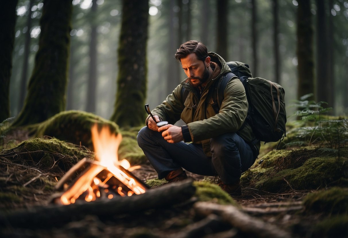 A forest clearing with a campfire, surrounded by trees. A person is wearing a lightweight bushcraft jacket, holding a knife and a compass