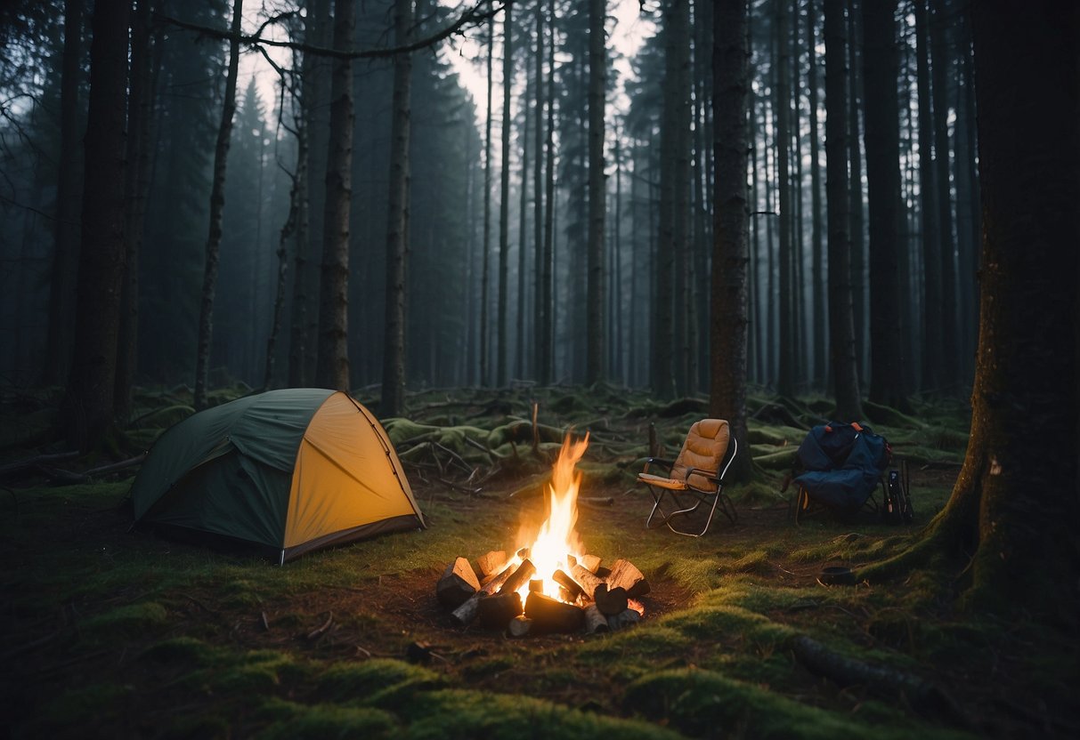 A forest clearing with a small campfire, surrounded by lightweight bushcraft jackets hanging from tree branches. The jackets are made of durable, weather-resistant materials