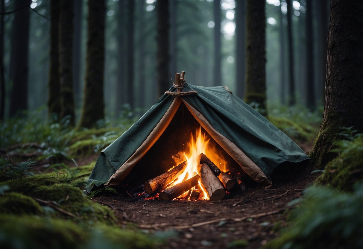 A forest clearing with a campfire, surrounded by tall trees and a small makeshift shelter. A lightweight bushcraft jacket is hanging on a nearby branch