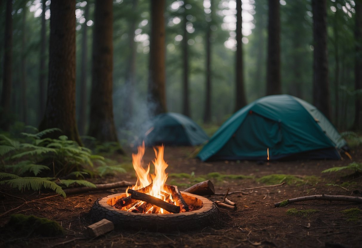 A forest clearing with a small campsite, surrounded by tall trees. A lightweight bushcraft jacket is hanging from a branch, while a small fire burns in the center