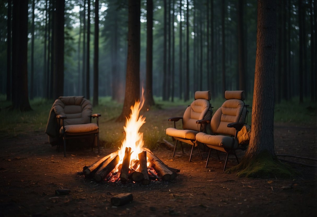 A forest clearing with a small campfire, surrounded by trees. Five different lightweight bushcraft jackets are hung on branches, each with unique features