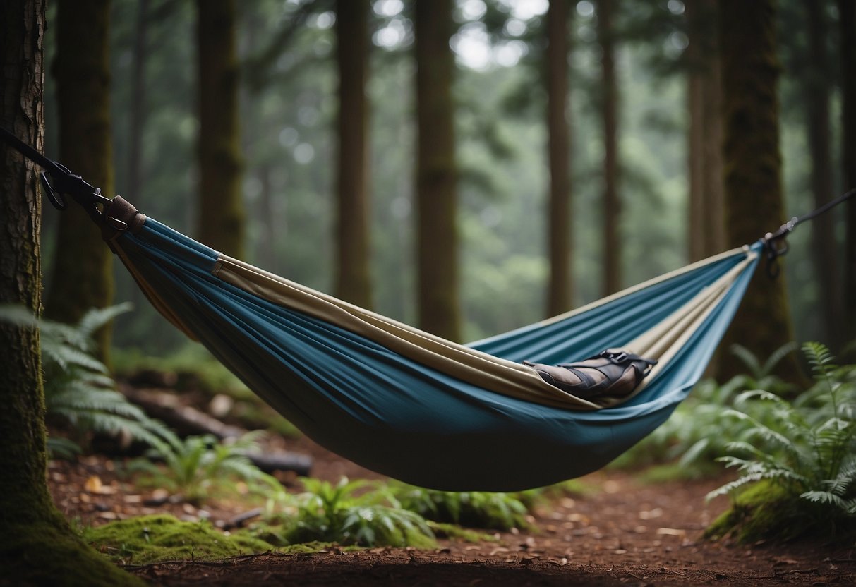 A cozy campsite with a crackling fire, surrounded by lush forest. A hammock hangs between two trees, while a backpack and hiking boots are neatly arranged nearby