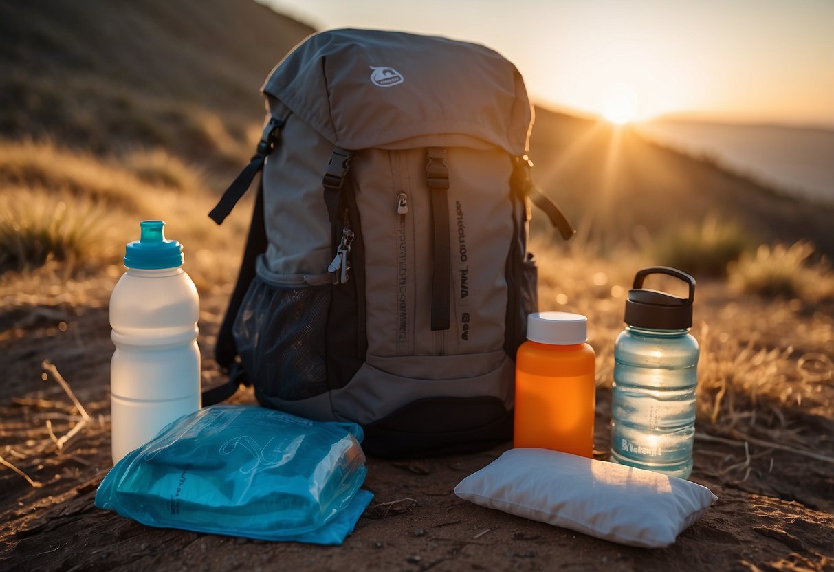 A person's backpack sits open on the ground, surrounded by a water bottle, hydration tablets, and a map. The sun is setting in the background, casting a warm glow over the scene