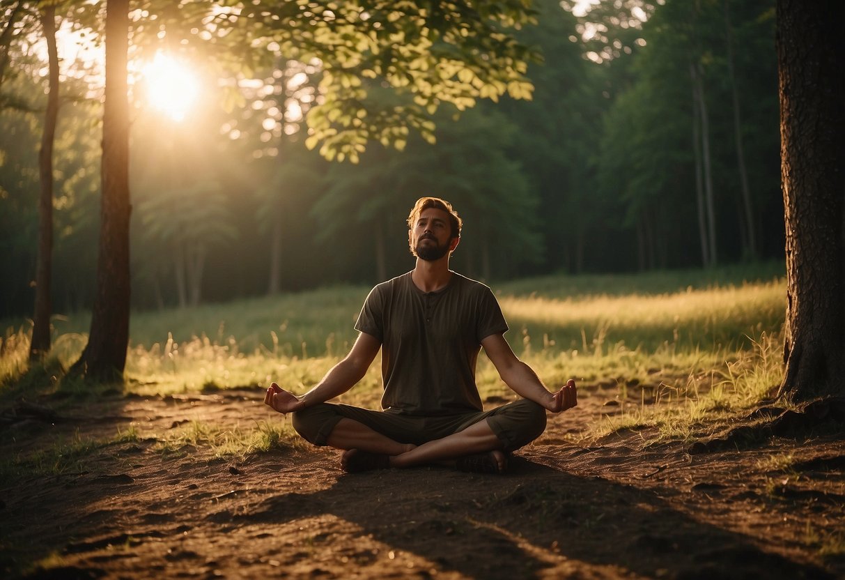 A person stretching in a forest clearing, surrounded by trees and nature. The sun is setting, casting a warm glow over the scene. The person is cooling down after a long day of bushcraft activities