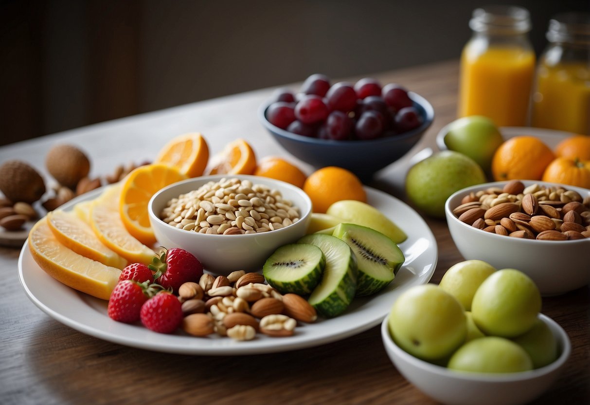 A table set with a colorful array of nutrient-dense foods, such as fruits, vegetables, lean proteins, and whole grains. A glass of water and a plate of nuts add to the spread