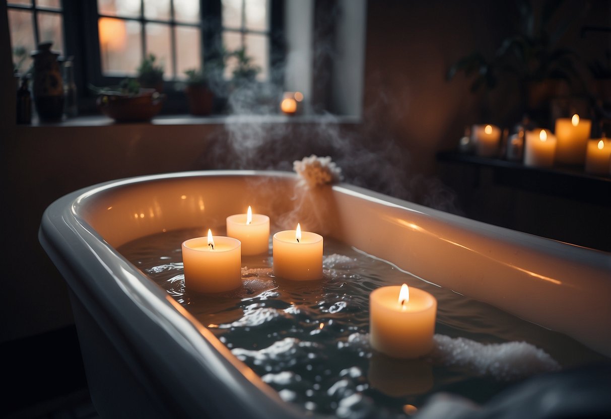 A bathtub filled with steaming water, surrounded by candles and bath salts. A towel and a book rest nearby, creating a cozy atmosphere for relaxation