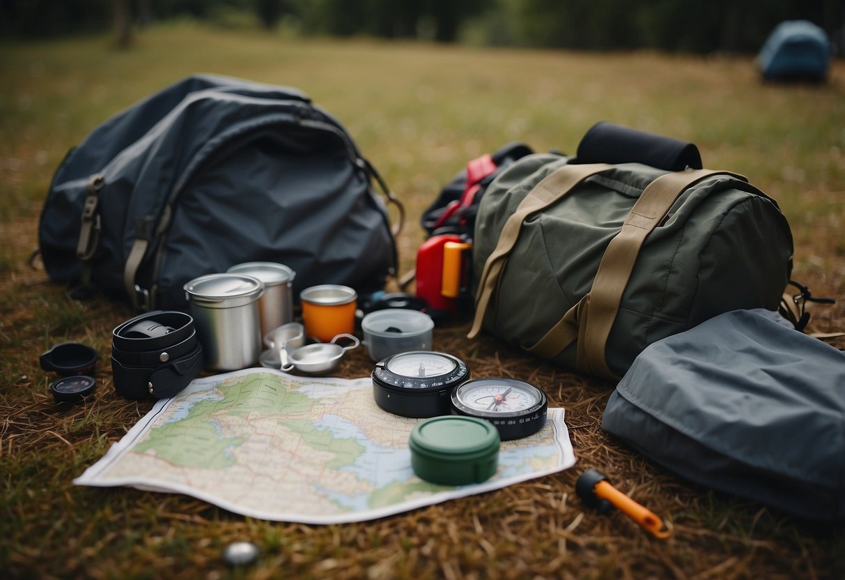 A cluttered campsite with scattered gear and equipment. A tent, backpack, and cooking supplies are strewn about. A map and compass lay on the ground