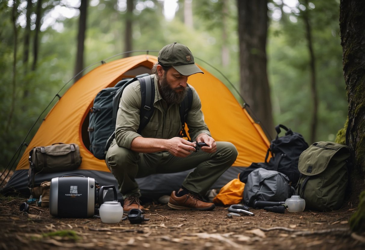 Inspecting damaged equipment, a bushcraft enthusiast checks gear after a trip. Items include backpack, knife, and tent. Outdoor setting with trees and rocks