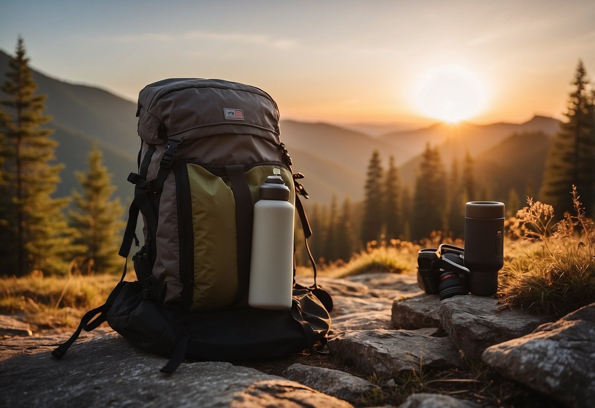 A foam roller is placed on the ground next to a backpack and camping gear. The sun is setting in the background as the scene depicts post-trip recovery for bushcraft enthusiasts