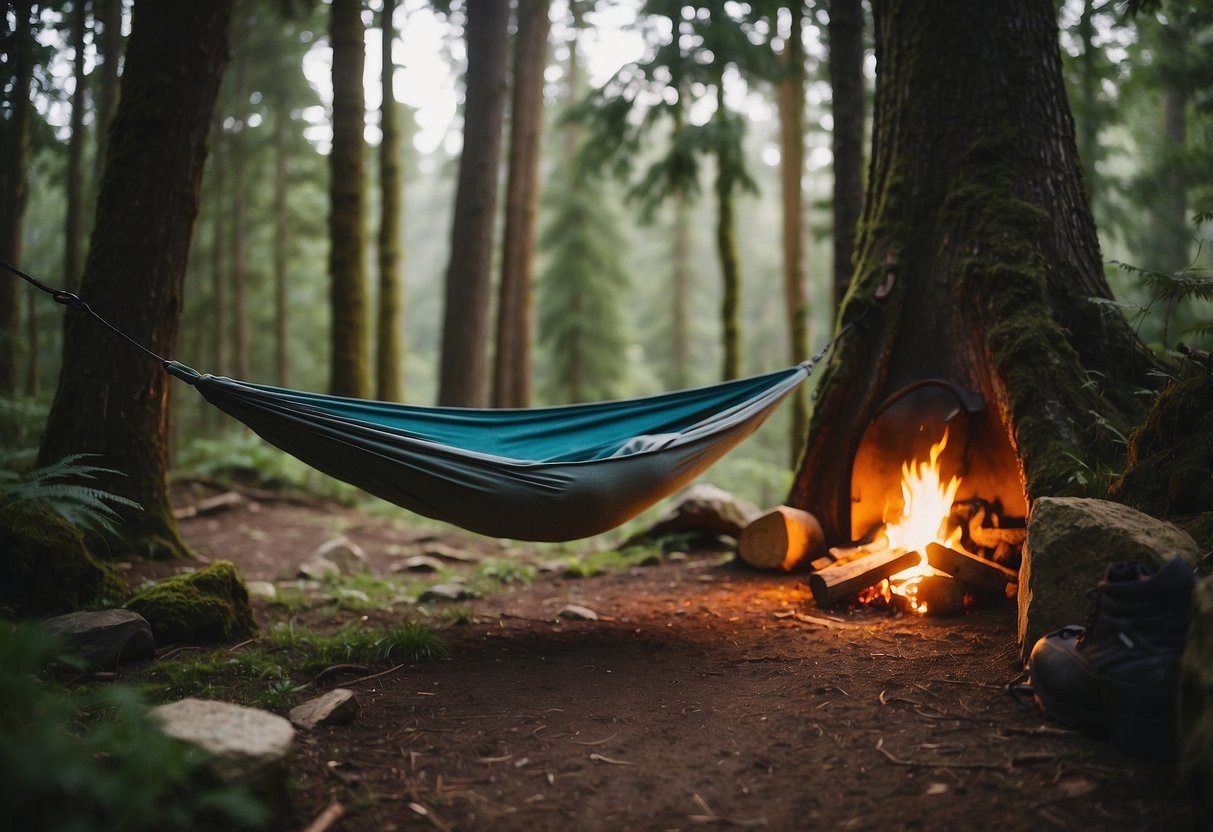 A cozy campsite with a crackling fire, surrounded by lush greenery and a serene natural setting. A hammock hangs between two trees, inviting relaxation. A backpack and hiking boots are neatly placed nearby, signaling the end of a fulfilling bushcraft