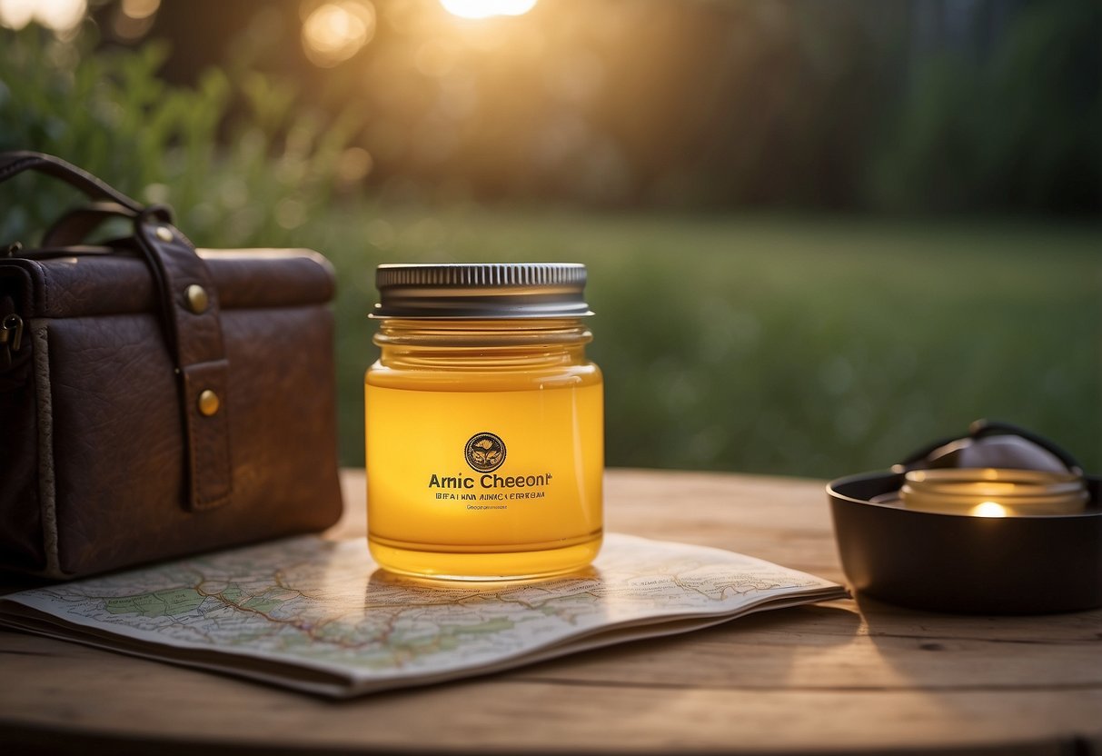 A tube of Arnica cream sits on a rustic wooden table, surrounded by outdoor gear and a map. The soft glow of a lantern illuminates the scene, creating a cozy atmosphere