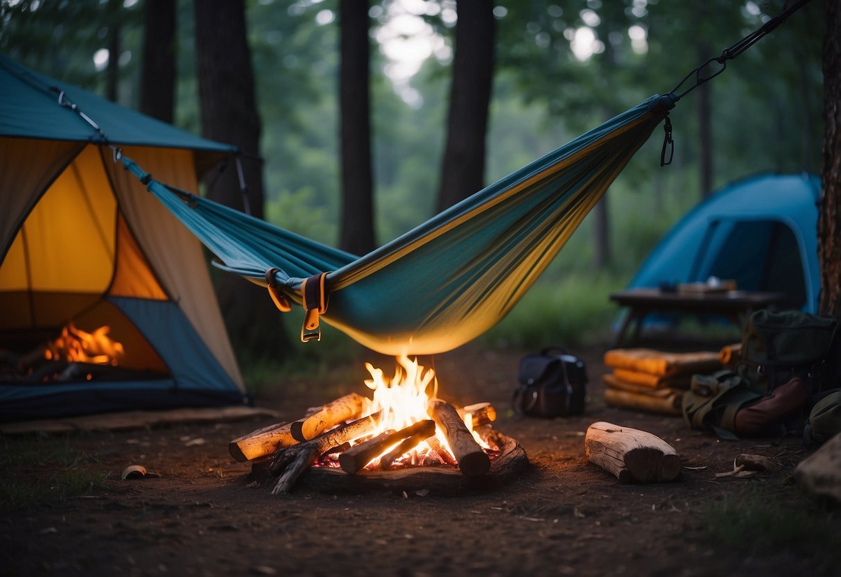 A cozy campsite with a crackling fire, a hammock strung between two trees, a water source nearby, and a backpack with gear neatly organized on the ground