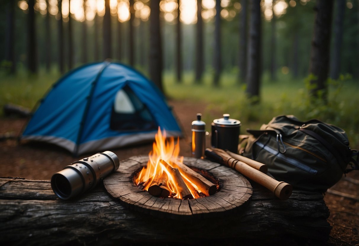 A campfire crackles in the center of a forest clearing, surrounded by makeshift shelters and tools. A map and compass lay on a log, while a backpack and water bottle sit nearby. The sun sets in the distance