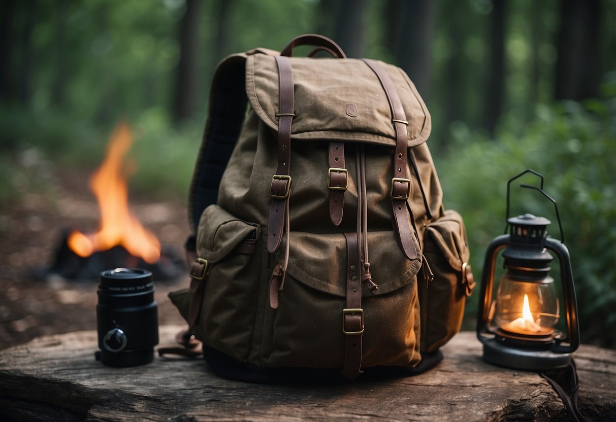 A backpack with only essential gear, surrounded by nature and a campfire, with a map and compass nearby