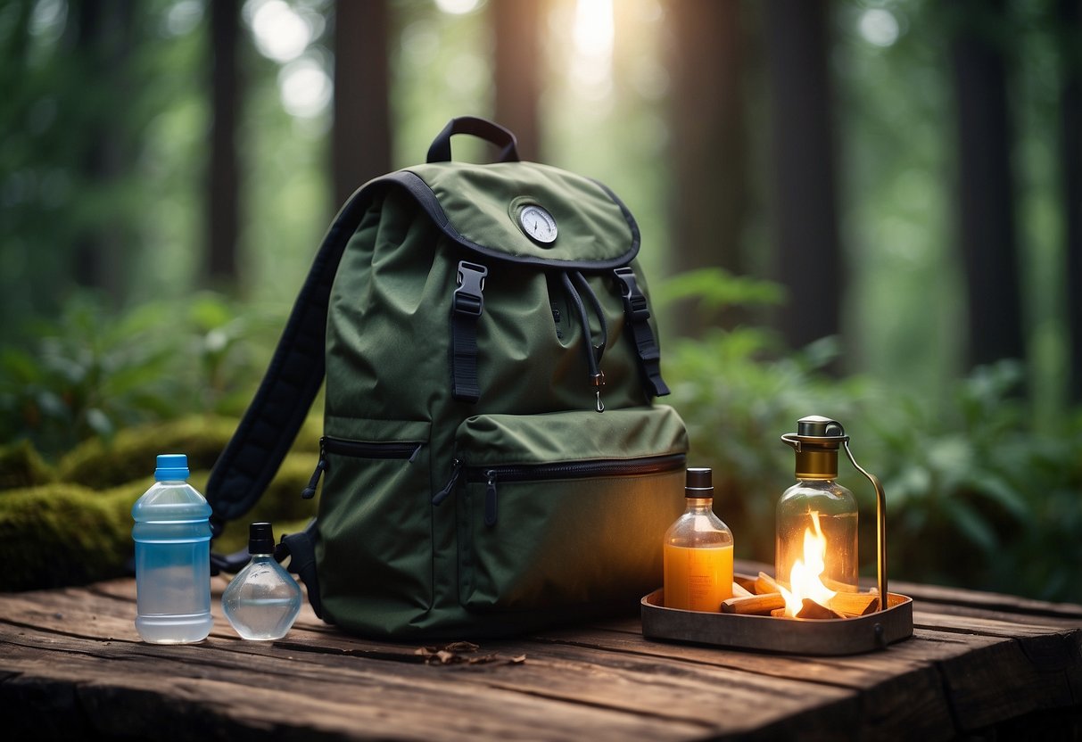 A backpack with water bottles, a map, and a compass laid out on a wooden table in a forest clearing, with a campfire burning in the background