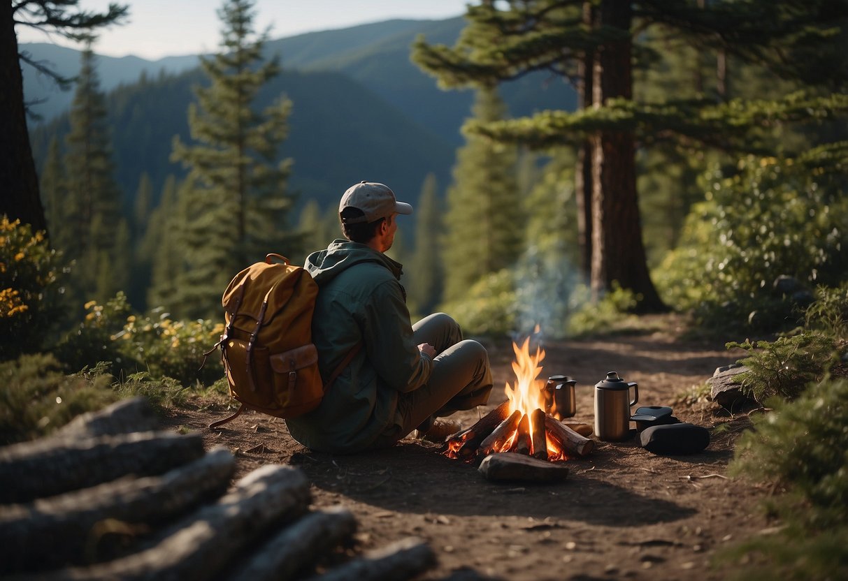 A person sitting by a campfire, surrounded by trees and nature. They are taking a break, with a backpack and camping gear nearby. The scene exudes a sense of relaxation and rejuvenation