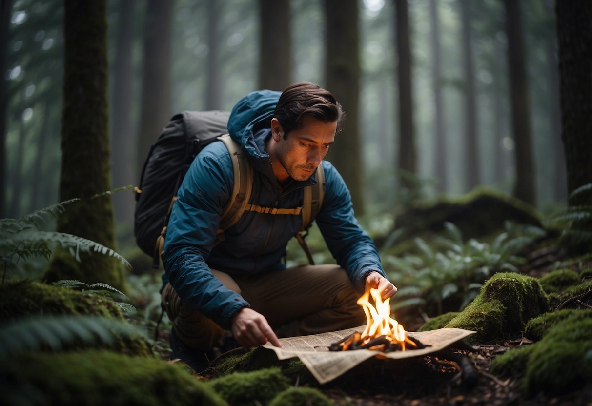 A person trekking through a dense forest, facing various challenges. They use a map, build a shelter, and start a fire. The person stays positive and motivated despite the difficulties