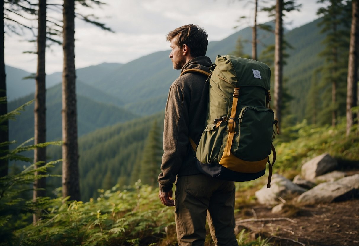 A person standing at the edge of a dense forest, looking out at the vast wilderness with a determined expression. A backpack and camping gear are scattered on the ground nearby, indicating the start of a long bushcraft trip