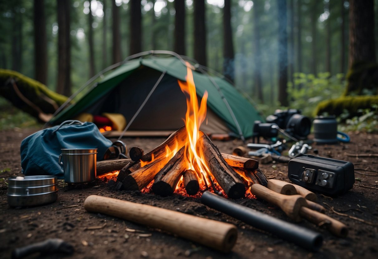 A campfire surrounded by tools and gear, with a tent in the background. The scene is set in a dense forest with tall trees and a clear sky above