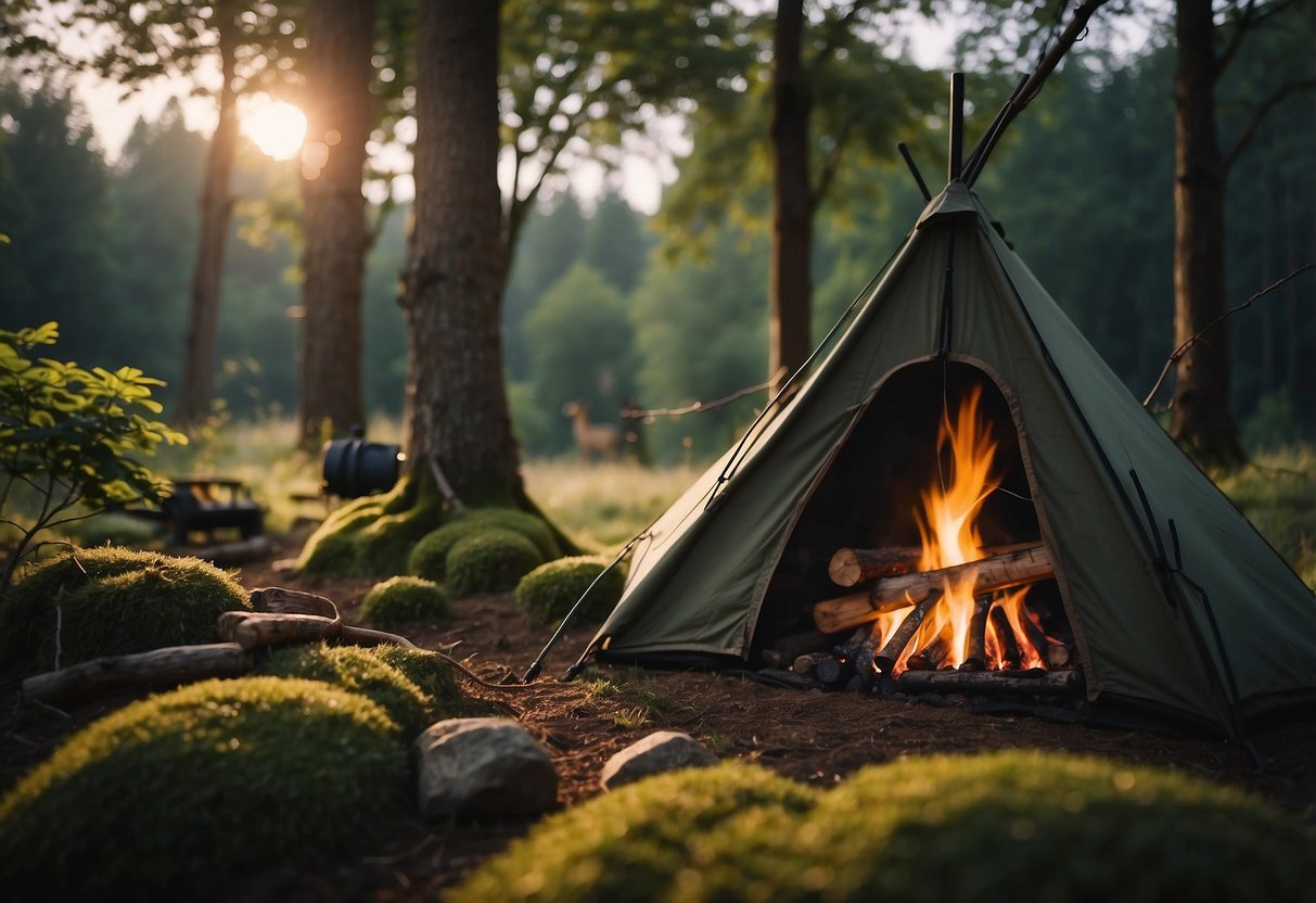 A campsite with a cozy fire, surrounded by lush greenery. A pair of durable, comfortable bushcraft pants hangs from a tree branch