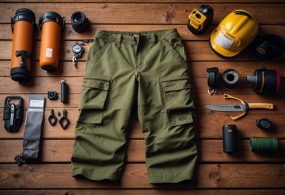 A pair of Fjallraven Vidda Pro trousers are laid out on a rustic wooden table, surrounded by outdoor gear and tools. The pants are rugged and durable, perfect for bushcraft adventures