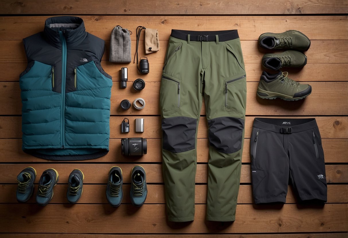 A pair of Arc'teryx Lefroy pants laid out on a rustic wooden table, surrounded by outdoor gear and tools. The pants are made of lightweight, breathable material with reinforced knees and multiple pockets