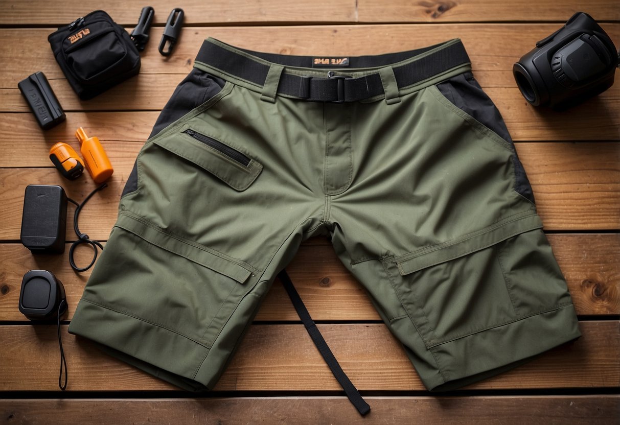 A pair of 5.11 Tactical Strafe Pants laid out on a rustic wooden table with outdoor gear scattered around, showcasing their durability and functionality for bushcraft activities