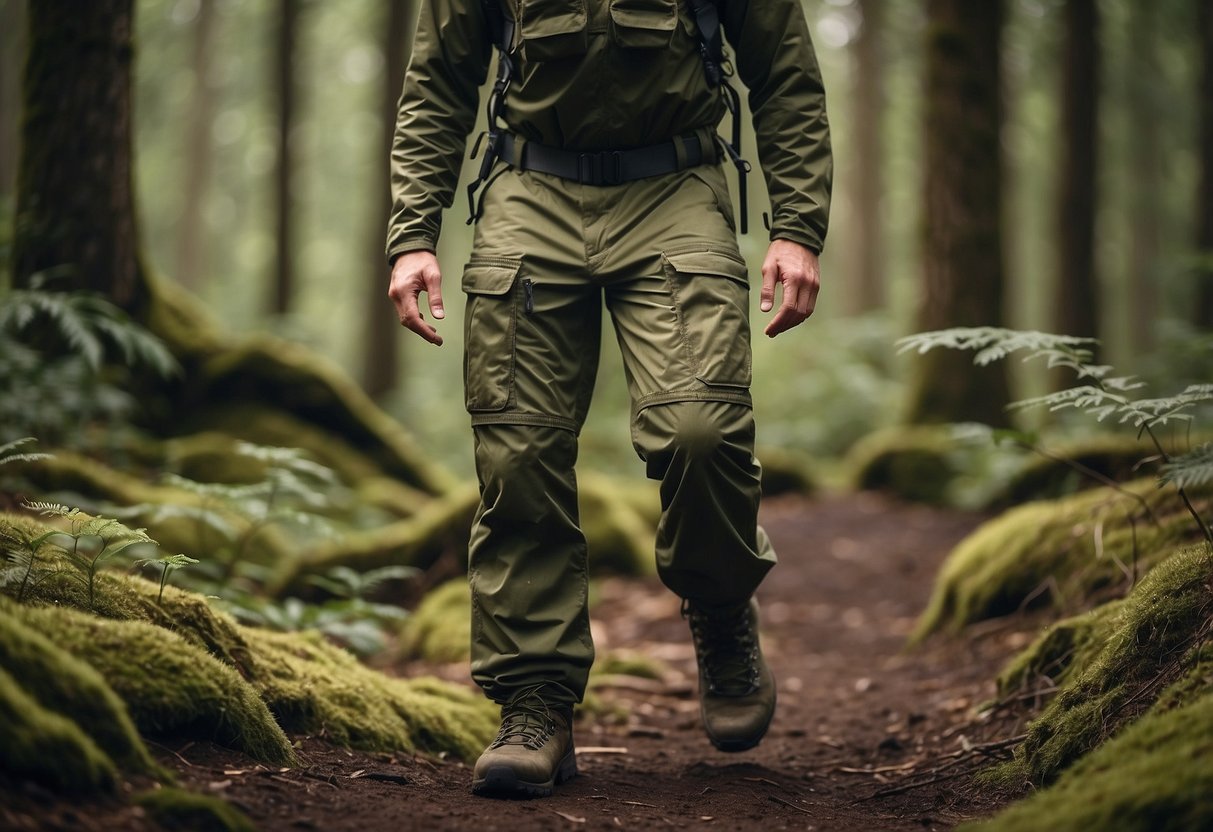 A person wearing bushcraft pants while hiking through a rugged forest terrain, with pockets for tools and reinforced knees for durability