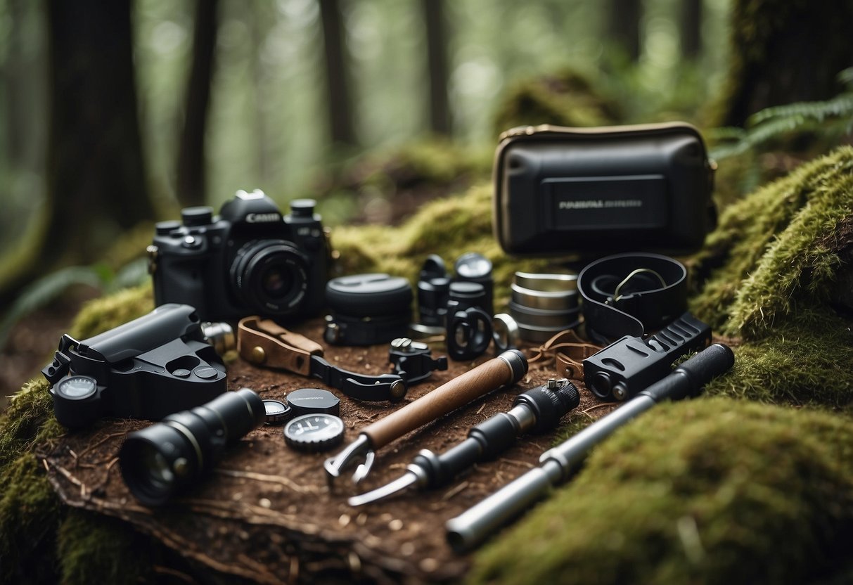 A forest clearing with a variety of survival tools and equipment laid out, surrounded by trees and wildlife