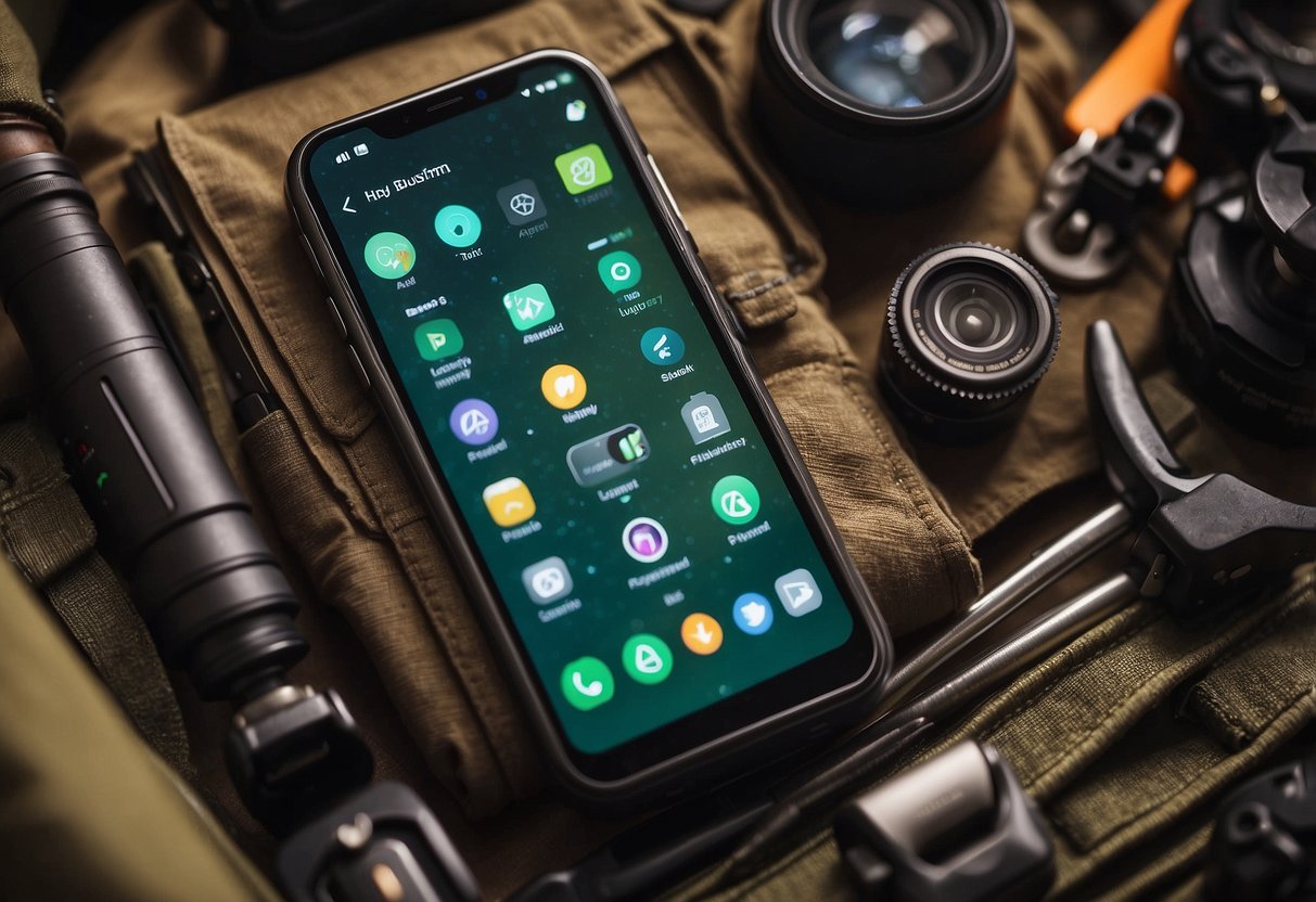 A rugged bushman's pocket holds a smartphone with 10 essential bushcraft apps displayed on the screen. Surrounding the phone are various tools and gear for outdoor survival