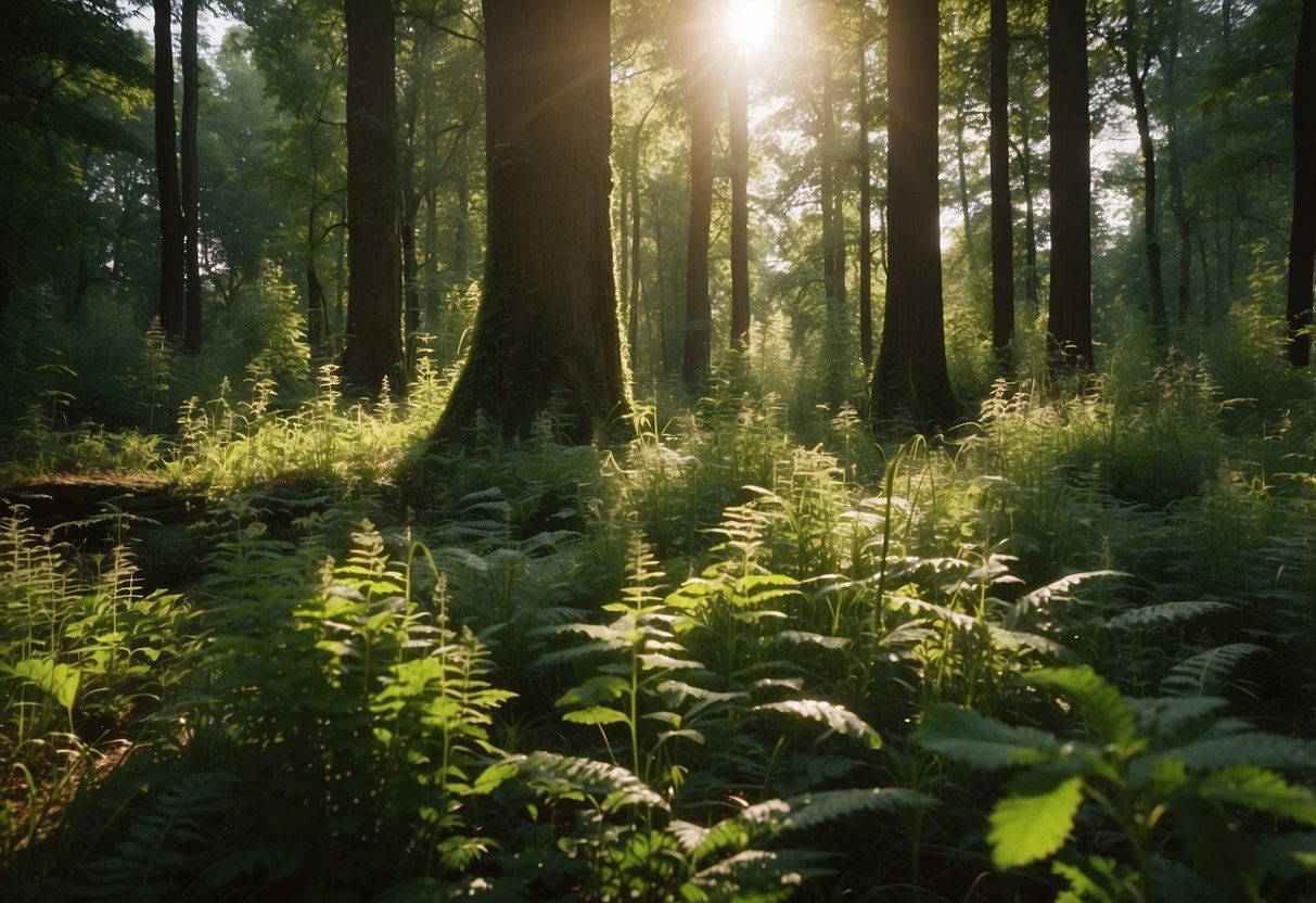 A forest clearing with a variety of wild edible plants and herbs growing, surrounded by tall trees and dappled sunlight filtering through the leaves