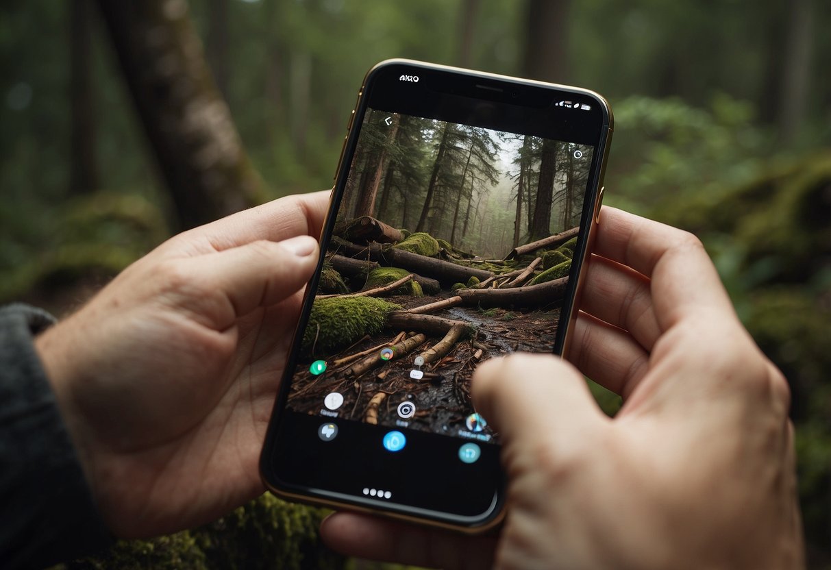 A hand holding a smartphone with "Knots 3D" app open, surrounded by bushcraft tools and nature elements