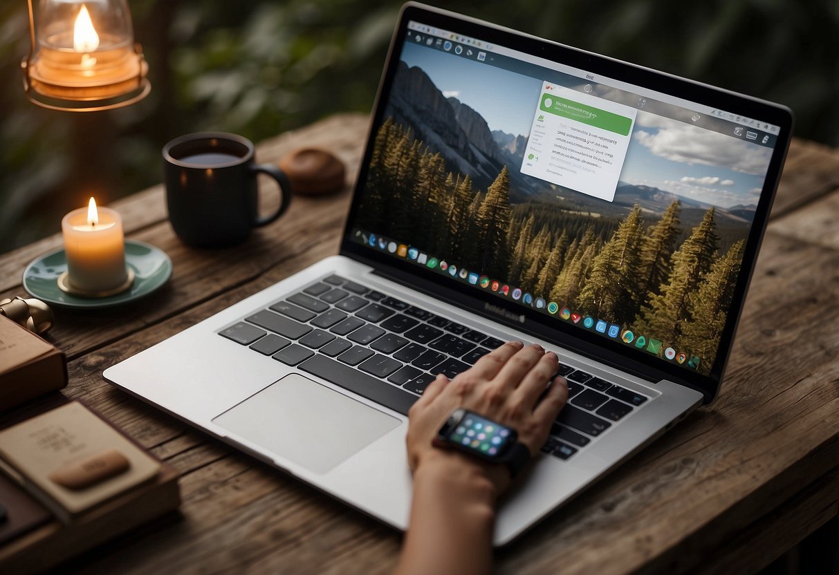 A table with a laptop displaying 10 app icons for bushcraft. A hand reaching for a phone with a 5-star rating. A journal with written reviews