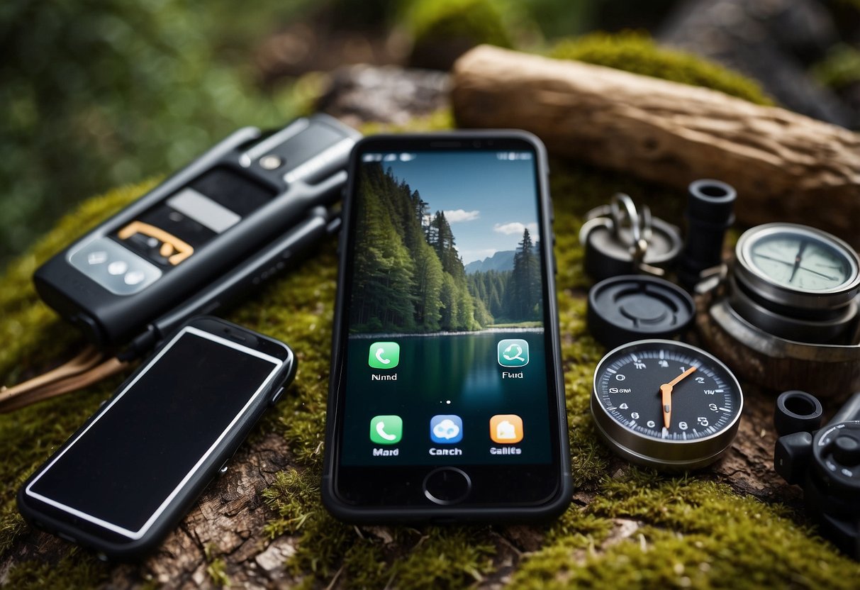 Various bushcraft tools and a smartphone with app icons displayed, surrounded by nature. The tools include a knife, compass, rope, and fire starter, highlighting the integration of technology with traditional skills