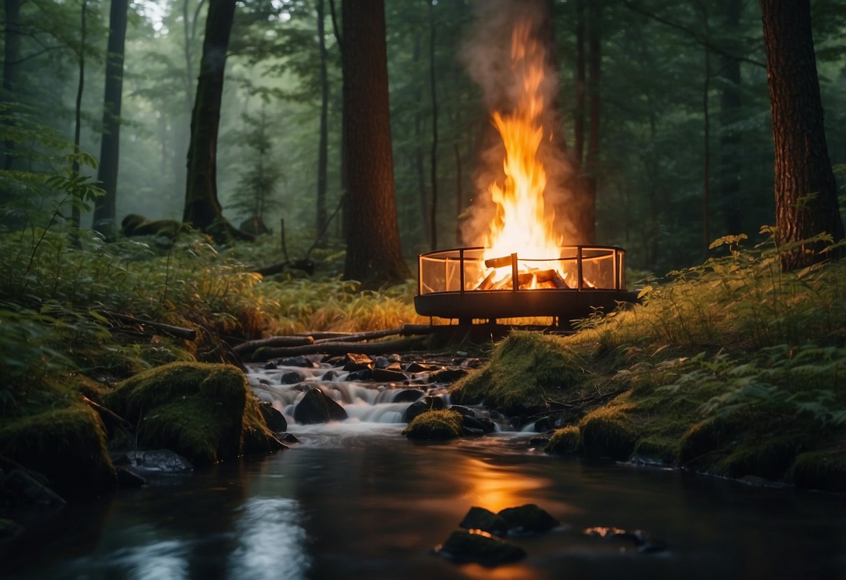 A lush forest clearing with a bubbling stream, surrounded by tall trees and abundant wildlife. A campfire burns in the center, with a makeshift shelter nearby