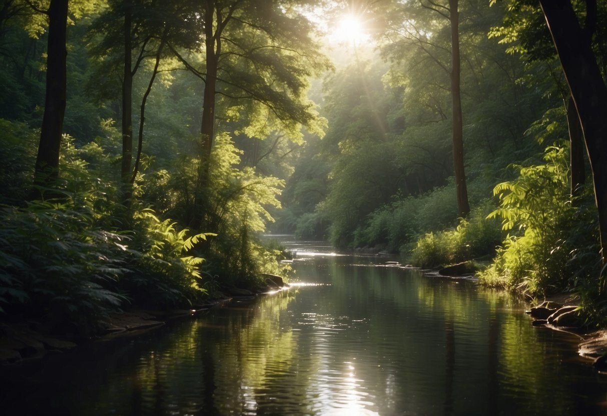 A serene forest clearing with a winding river, surrounded by lush vegetation and diverse wildlife. The sun shines through the canopy, casting dappled light on the water's surface