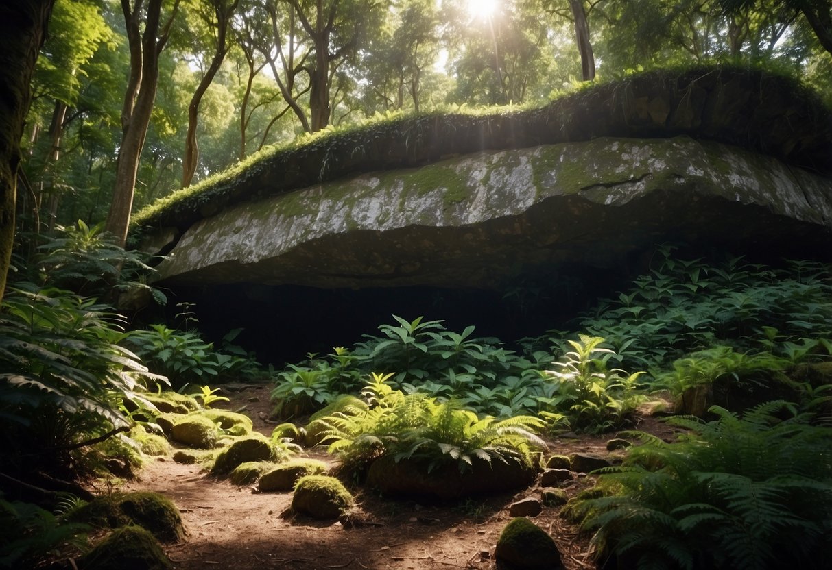 A rocky overhang nestled in a lush forest, with a small cave entrance and dappled sunlight filtering through the trees. The surrounding area is rich with diverse flora and fauna, providing ample resources for survival