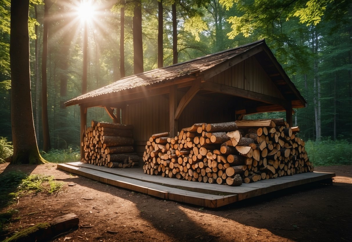 A pile of firewood stacked neatly next to a shelter in a dense forest clearing, surrounded by trees and bushes. The sun shines through the leaves, casting dappled light on the scene