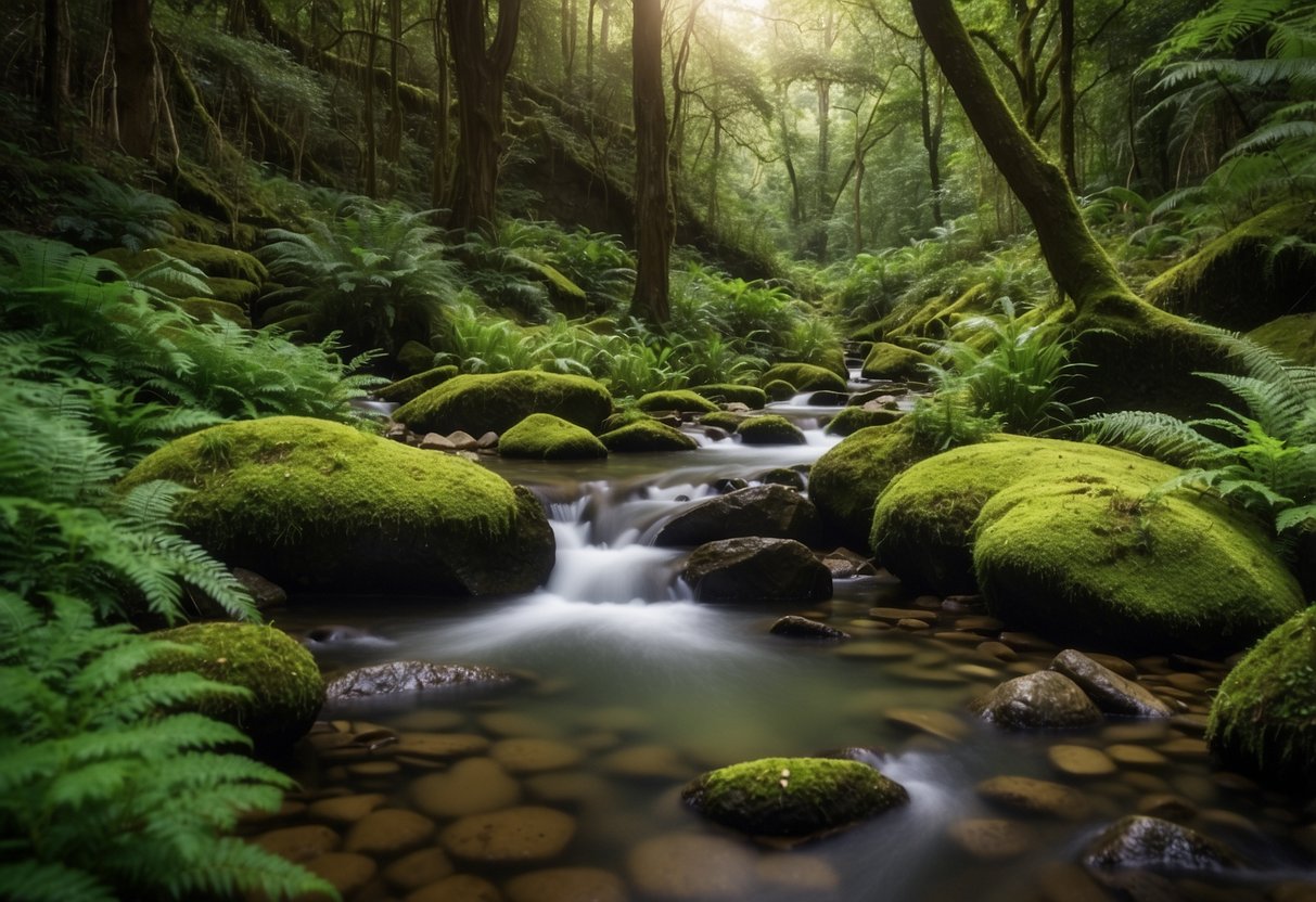 Lush greenery surrounds a tranquil stream, with a variety of plant life including ferns, moss, and wildflowers. Sunlight filters through the canopy, creating dappled patterns on the forest floor