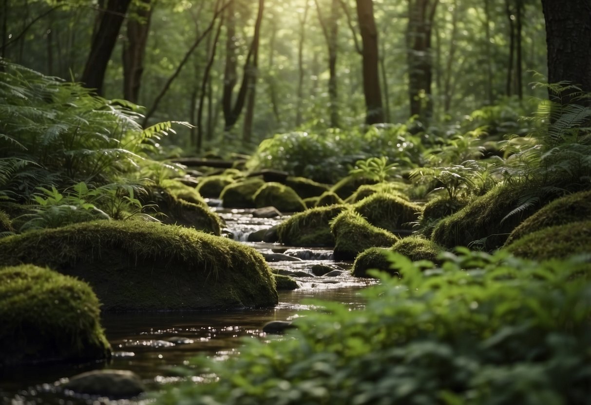 A dense forest with a variety of animal tracks, scattered feathers, and small animal burrows. A tranquil stream flows through the center, surrounded by lush vegetation and towering trees