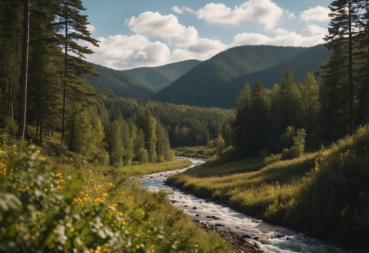 A remote forest clearing with rolling hills and a winding river. Thick vegetation and diverse terrain offer ample opportunities for bushcraft activities