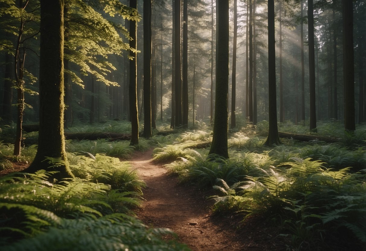 A forest clearing with a visible rescue access point and various natural elements like trees, bushes, and wildlife