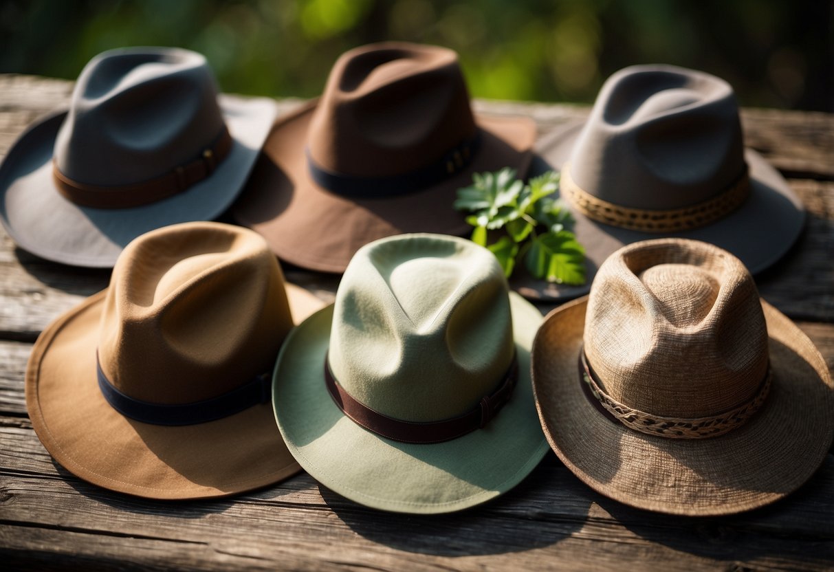 A group of five lightweight bushcraft hats for women arranged on a rustic wooden table, with natural elements like leaves and twigs scattered around them